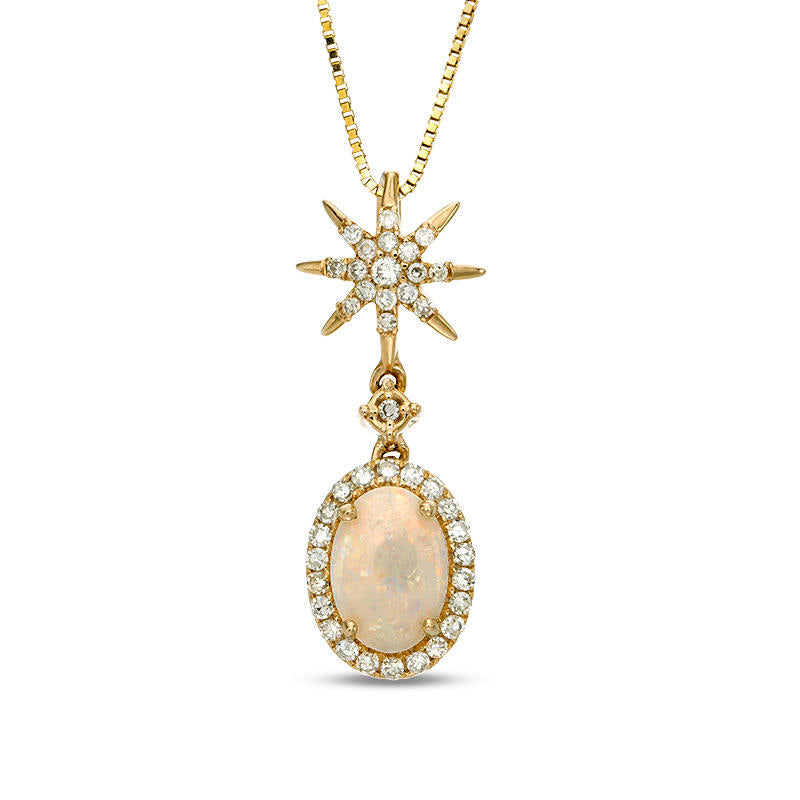 Oval Opal and 0.17 CT. T.W. Natural Diamond Frame Starburst Drop Pendant in 10K Yellow Gold