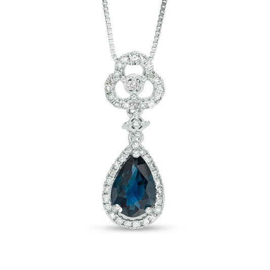 Pear-Shaped Blue Sapphire and 0.13 CT. T.W. Natural Diamond Frame Clover Drop Pendant in 10K White Gold