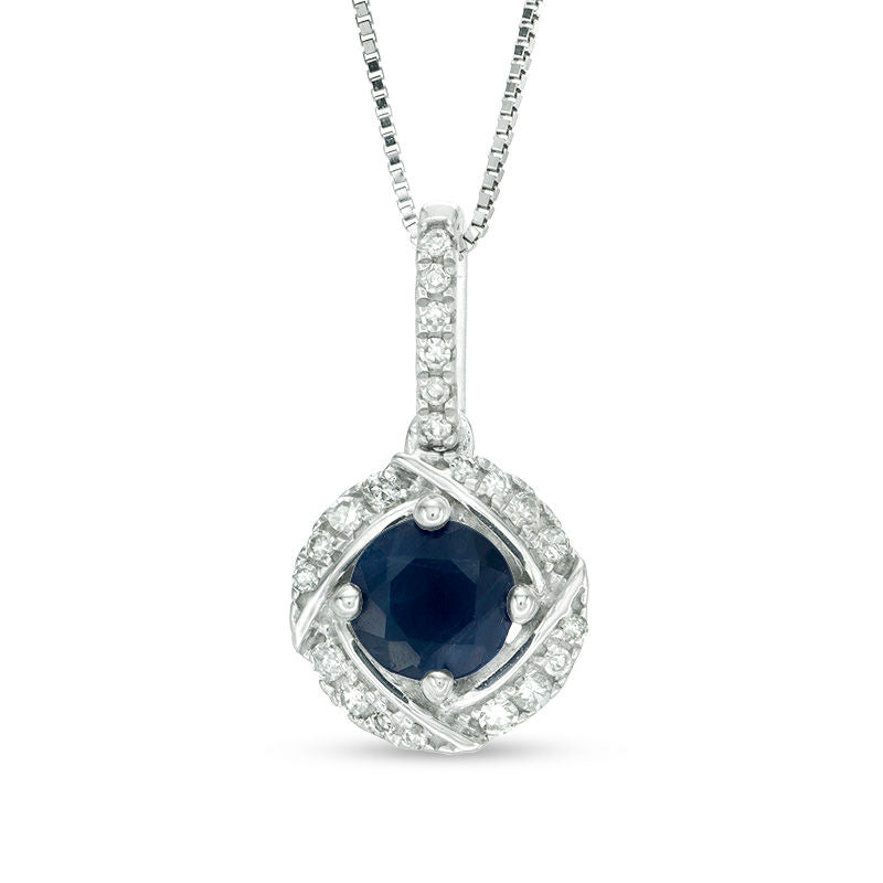 5.0mm Blue Sapphire and 0.1 CT. T.W. Natural Diamond Swirl Frame Drop Pendant in 10K White Gold