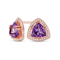 8.0mm Trillion-Cut Amethyst and White Topaz Frame Stud Earrings in Sterling Silver with 18K Rose Gold Plate