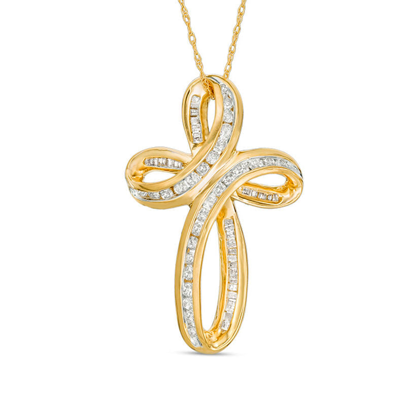 0.75 CT. T.W. Baguette and Round Natural Diamond Loop Cross Pendant in 10K Yellow Gold