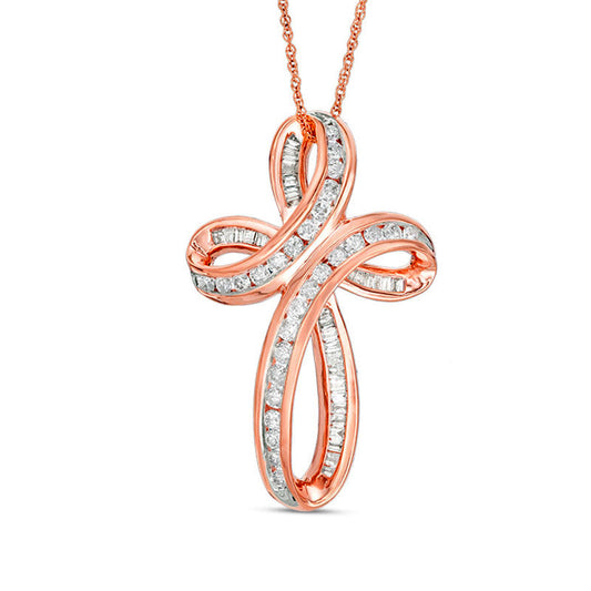 0.75 CT. T.W. Baguette and Round Natural Diamond Loop Cross Pendant in 10K Rose Gold