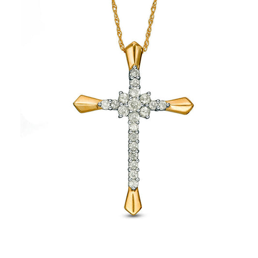 0.38 CT. T.W. Natural Diamond Flower Cluster Cross Pendant in 10K Yellow Gold