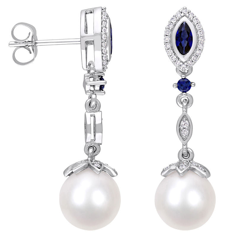 Cultured Freshwater Pearl, Lab-Created Blue Sapphire and 0.2 CT. T.W. Diamond Drop Earrings in 10K White Gold