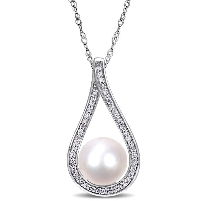 9.0 - 9.5mm Cultured Freshwater Pearl and 0.2 CT. T.W. Natural Diamond Open Teardrop Frame Pendant in 14K White Gold - 17"