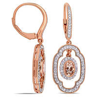 Oval Morganite, White Sapphire and 0.1 CT. T.W. Diamond Geometric Drop Earrings in Sterling Silver with Rose Rhodium