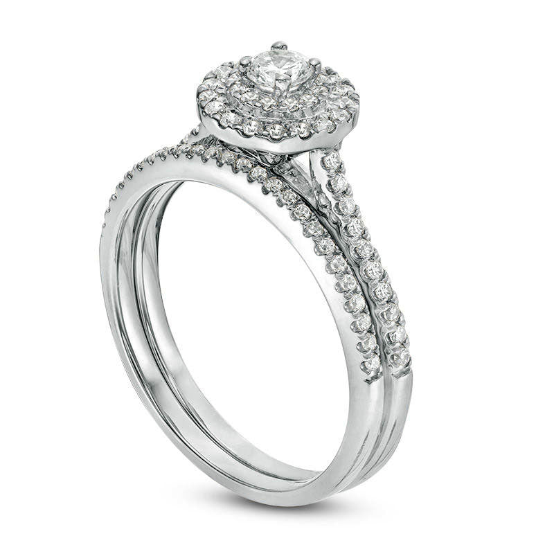 0.50 CT. T.W. Natural Diamond Double Frame Bridal Engagement Ring Set in Solid 14K White Gold