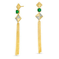 Lab-Created Emerald and 0.07 CT. T.W. Diamond Tilted Square Tassel Drop Earrings in Sterling Silver with 14K Gold Plate