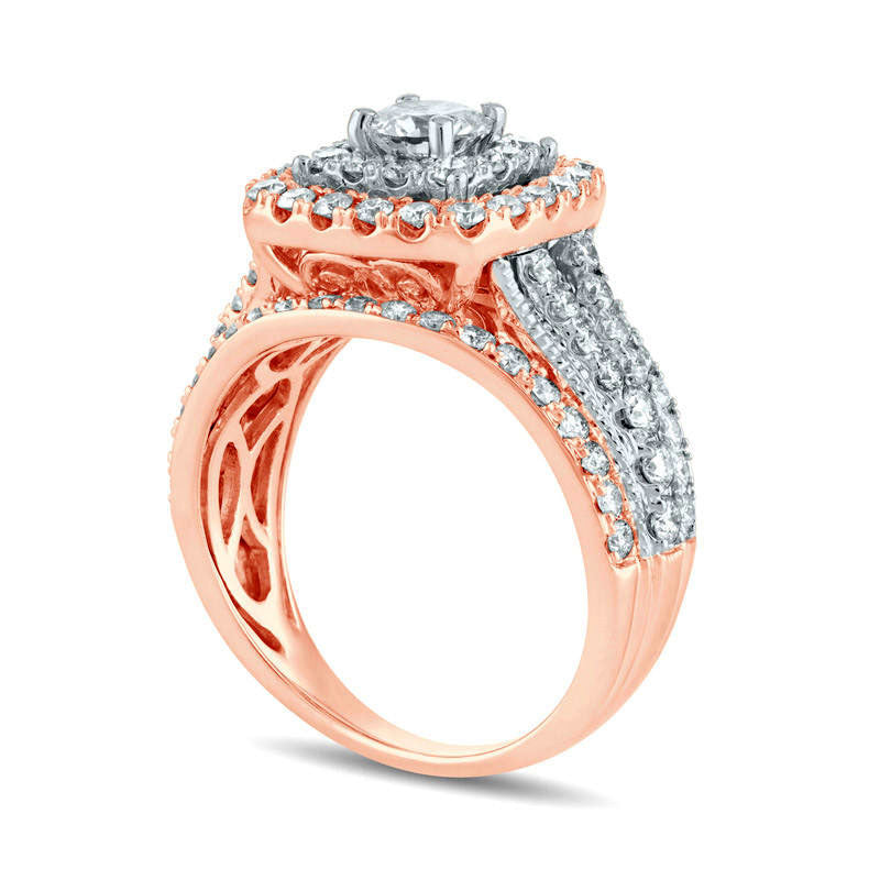 2.0 CT. T.W. Natural Diamond Double Cushion Frame Multi-Row Antique Vintage-Style Engagement Ring in Solid 14K Rose Gold