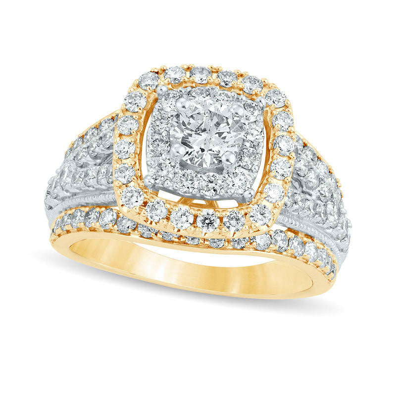 2.0 CT. T.W. Natural Diamond Double Cushion Frame Multi-Row Antique Vintage-Style Engagement Ring in Solid 14K Gold