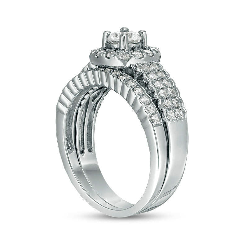 0.88 CT. T.W. Natural Diamond Cushion Frame Bridal Engagement Ring Set in Solid 10K White Gold