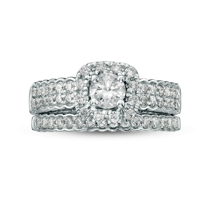 0.88 CT. T.W. Natural Diamond Cushion Frame Bridal Engagement Ring Set in Solid 10K White Gold