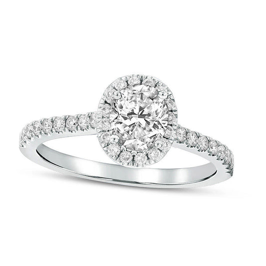 0.88 CT. T.W. Oval Natural Diamond Frame Engagement Ring in Solid 18K White Gold (G/SI2)