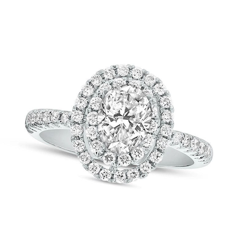 1.20 CT. T.W. Oval Natural Diamond Double Frame Engagement Ring in Solid 14K White Gold (J/SI2)