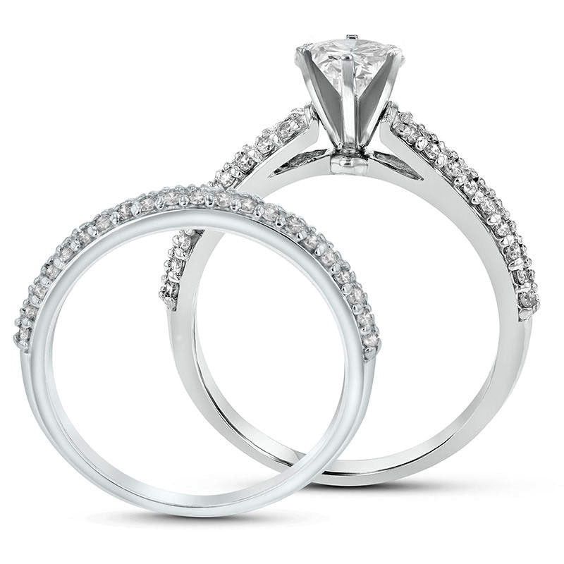 1.0 CT. T.W. Oval Natural Diamond Bridal Engagement Ring Set in Solid 14K White Gold (J/SI2)