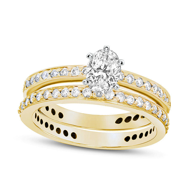 1.0 CT. T.W. Oval Natural Diamond Bridal Engagement Ring Set in Solid 14K Gold (J/SI2)