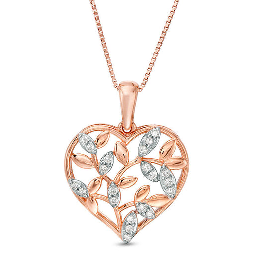 0.1 CT. T.W. Natural Diamond Vine-Patterned Heart Pendant in 10K Rose Gold