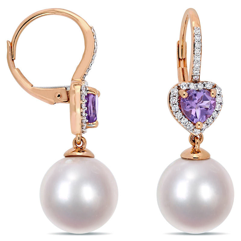 11.0 - 12.0mm Cultured Freshwater Pearl, Amethyst and 0.2 CT. T.W. Diamond Frame Drop Earrings in 10K Rose Gold