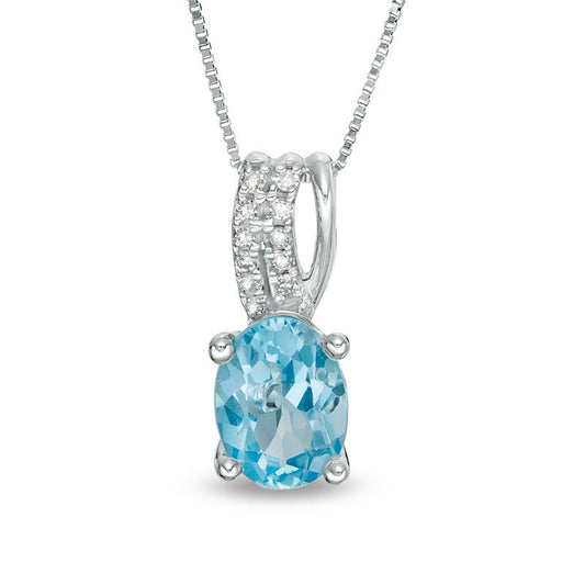 Oval Blue Topaz and Natural Diamond Accent Drop Pendant in 10K White Gold