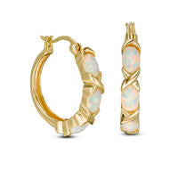 Oval Lab-Created Opal Three Stone Hoop Earrings in Sterling Silver with 18K Gold Plate