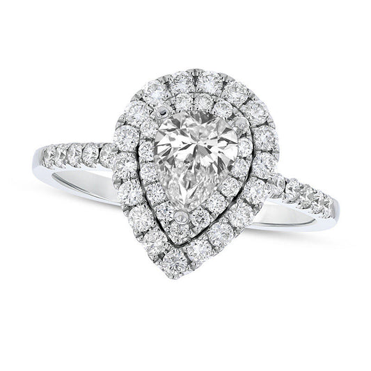 1.0 CT. T.W. Pear-Shaped Natural Diamond Double Frame Engagement Ring in Solid 18K White Gold (H/SI2)