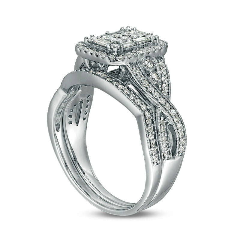 0.75 CT. T.W. Composite Natural Diamond Hexagon Frame Antique Vintage-Style Twist Bridal Engagement Ring Set in Solid 10K White Gold