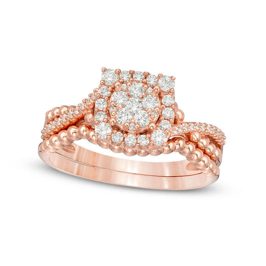 0.50 CT. T.W. Composite Natural Diamond Cushion Frame and Beaded Crossover Bridal Engagement Ring Set in Solid 10K Rose Gold