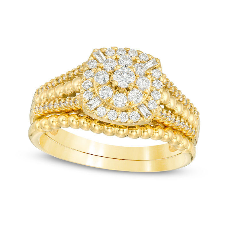 0.50 CT. T.W. Composite Natural Diamond Cushion Frame and Beaded Bridal Engagement Ring Set in Solid 10K Yellow Gold