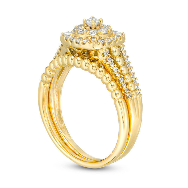 0.50 CT. T.W. Composite Natural Diamond Cushion Frame and Beaded Bridal Engagement Ring Set in Solid 10K Yellow Gold