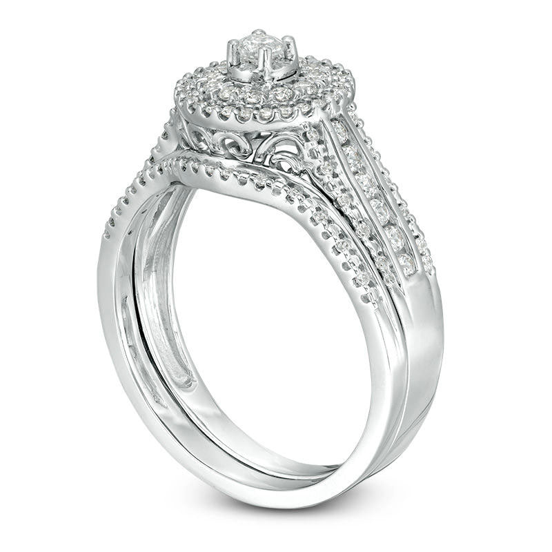 0.50 CT. T.W. Natural Diamond Double Frame Multi-Row Bridal Engagement Ring Set in Solid 10K White Gold