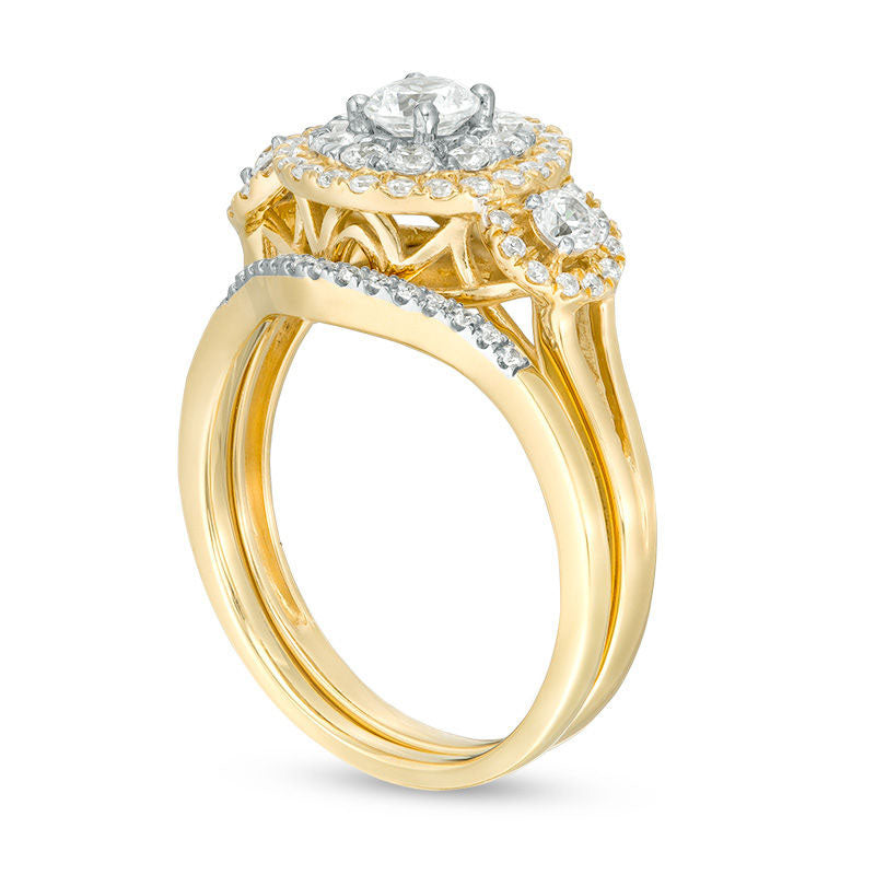 1.0 CT. T.W. Natural Diamond Three Stone Double Frame Bridal Engagement Ring Set in Solid 10K Yellow Gold