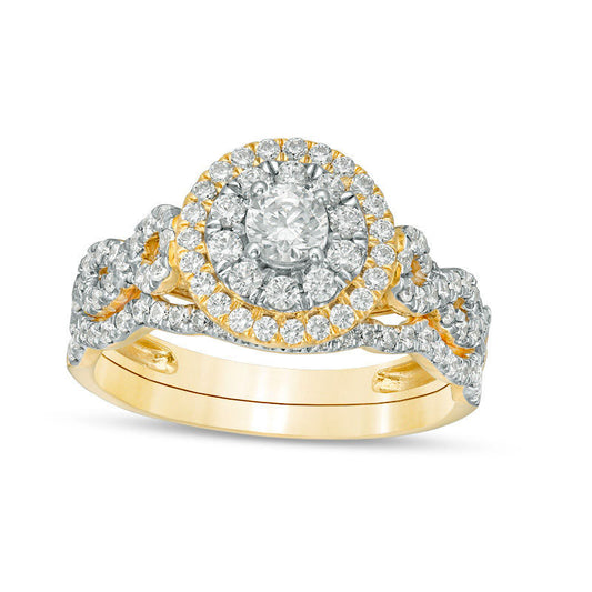 0.88 CT. T.W. Natural Diamond Double Frame Twist Bridal Engagement Ring Set in Solid 10K Yellow Gold