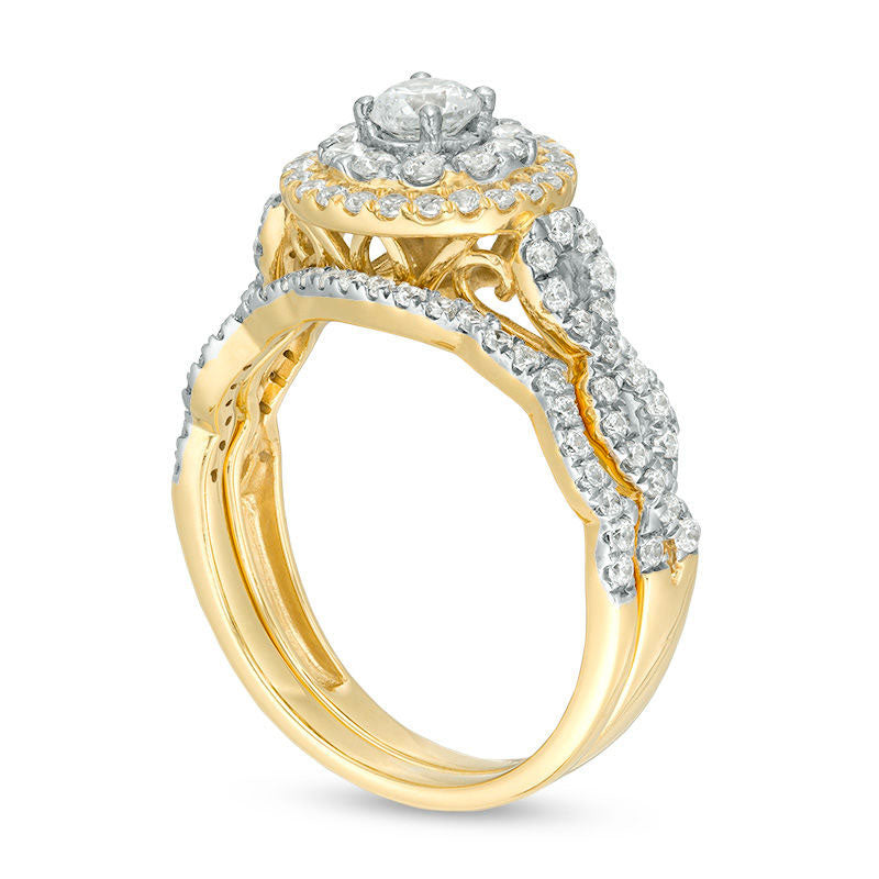 0.88 CT. T.W. Natural Diamond Double Frame Twist Bridal Engagement Ring Set in Solid 10K Yellow Gold