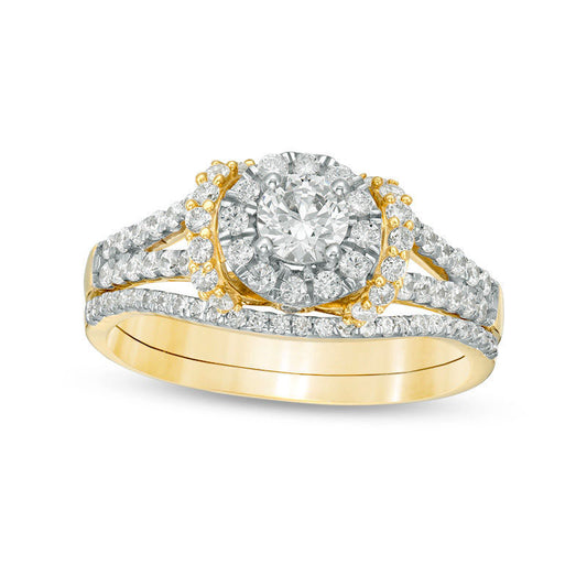 0.88 CT. T.W. Natural Diamond Frame Collar Bridal Engagement Ring Set in Solid 10K Yellow Gold