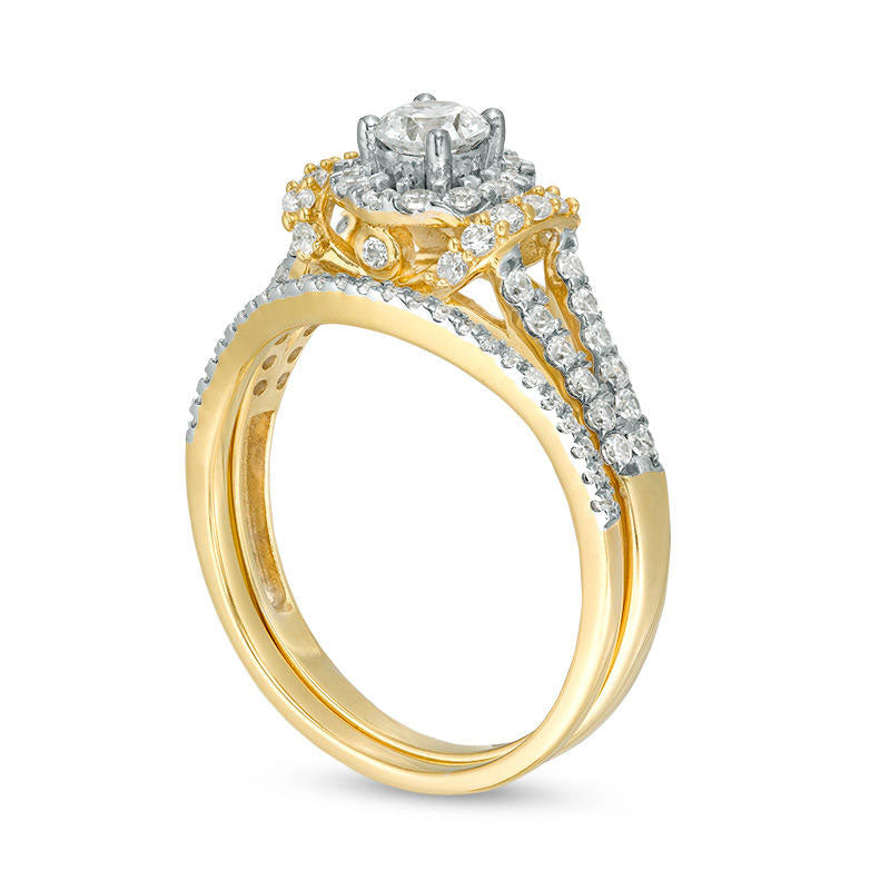 0.88 CT. T.W. Natural Diamond Frame Collar Bridal Engagement Ring Set in Solid 10K Yellow Gold