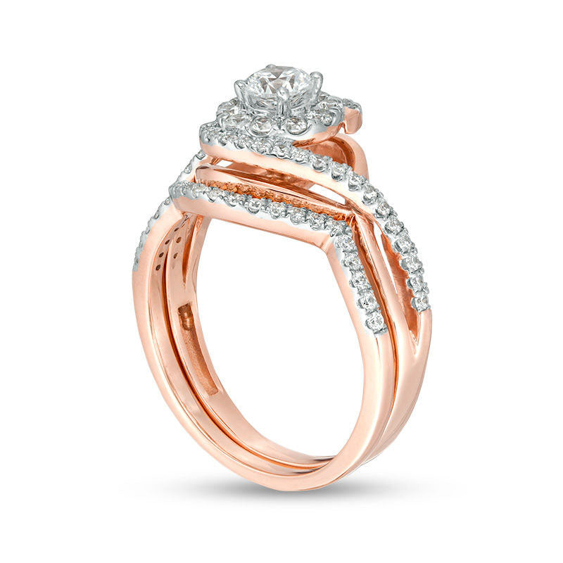 0.75 CT. T.W. Natural Diamond Frame Bypass Bridal Engagement Ring Set in Solid 10K Rose Gold