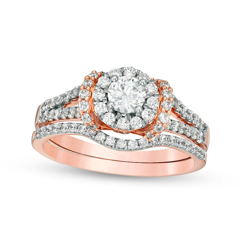 0.88 CT. T.W. Natural Diamond Frame Collar Bridal Engagement Ring Set in Solid 10K Rose Gold