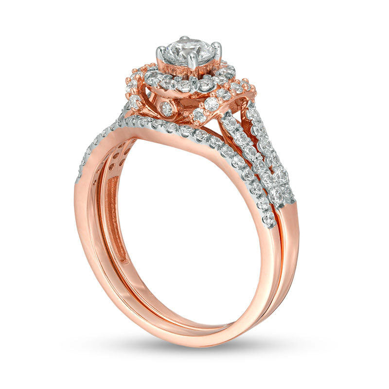 0.88 CT. T.W. Natural Diamond Frame Collar Bridal Engagement Ring Set in Solid 10K Rose Gold