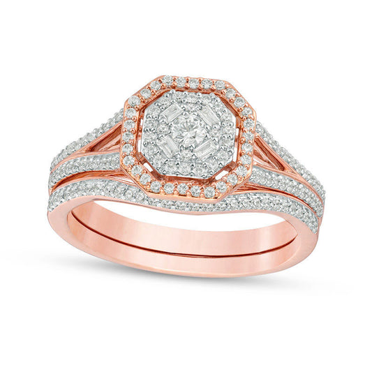 0.38 CT. T.W. Natural Diamond Double Octagonal Frame Bridal Engagement Ring Set in Solid 10K Rose Gold