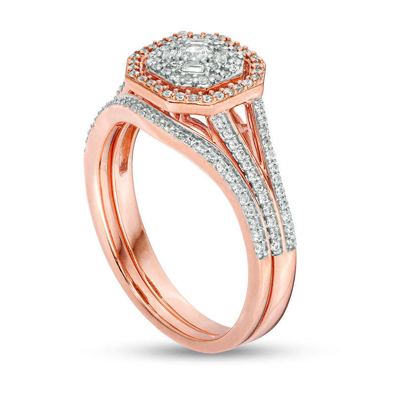 0.38 CT. T.W. Natural Diamond Double Octagonal Frame Bridal Engagement Ring Set in Solid 10K Rose Gold