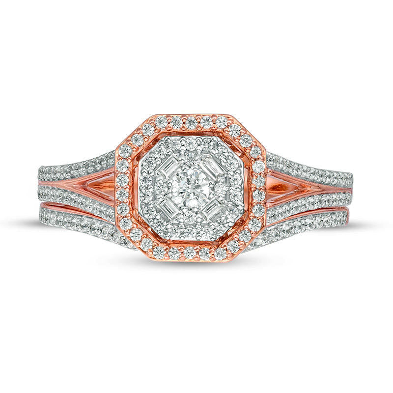 0.38 CT. T.W. Natural Diamond Double Octagonal Frame Bridal Engagement Ring Set in Solid 10K Rose Gold