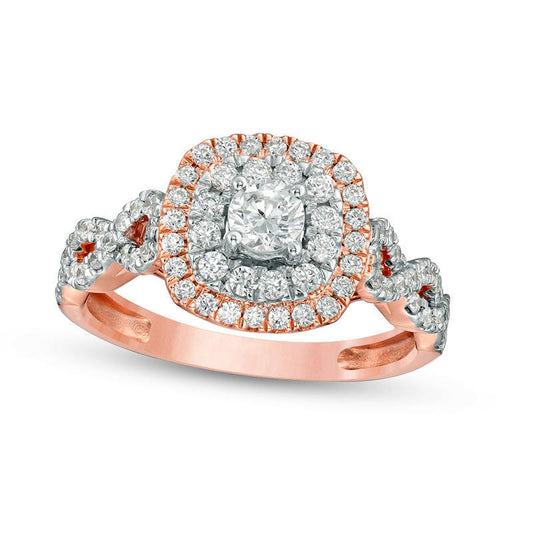 0.88 CT. T.W. Natural Diamond Double Cushion Frame Twist Engagement Ring in Solid 10K Rose Gold