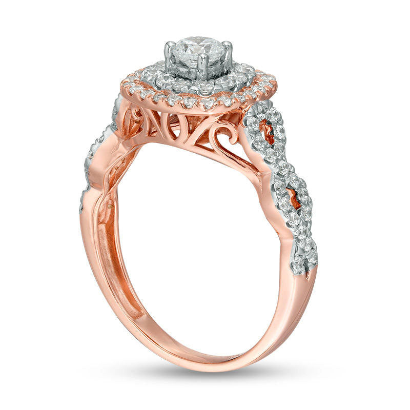 0.88 CT. T.W. Natural Diamond Double Cushion Frame Twist Engagement Ring in Solid 10K Rose Gold