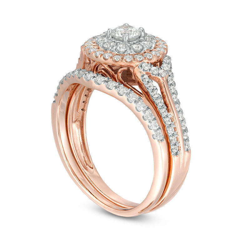 1.0 CT. T.W. Natural Diamond Double Frame Collar Bridal Engagement Ring Set in Solid 10K Rose Gold