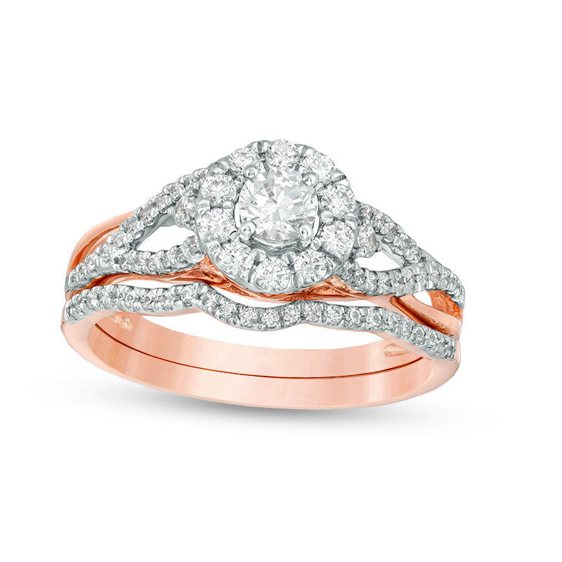 0.75 CT. T.W. Natural Diamond Frame Loop Sides Bridal Engagement Ring Set in Solid 10K Rose Gold