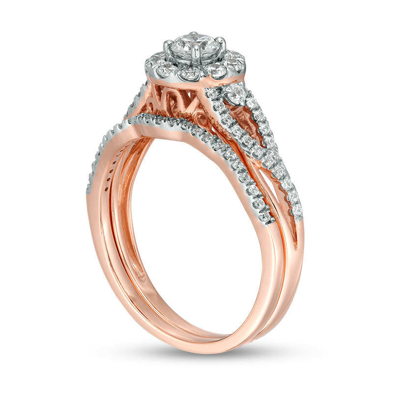 0.75 CT. T.W. Natural Diamond Frame Loop Sides Bridal Engagement Ring Set in Solid 10K Rose Gold