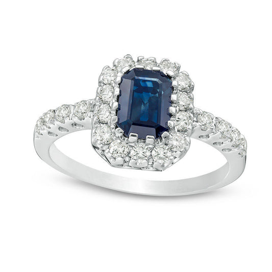 Cushion-Cut Blue Sapphire and 0.50 CT. T.W. Natural Diamond Frame Engagement Ring in Solid 14K White Gold