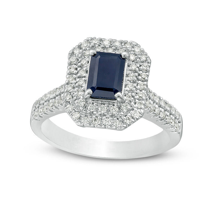 Emerald-Cut Blue Sapphire and 0.50 CT. T.W. Natural Diamond Double Octagonal Frame Engagement Ring in Solid 14K White Gold