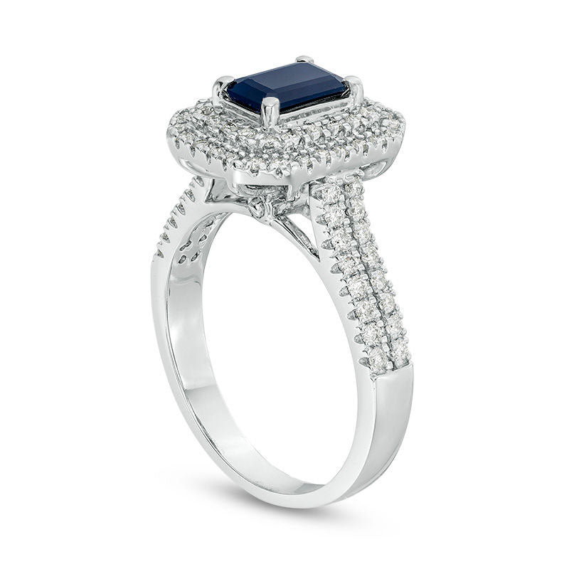 Emerald-Cut Blue Sapphire and 0.50 CT. T.W. Natural Diamond Double Octagonal Frame Engagement Ring in Solid 14K White Gold