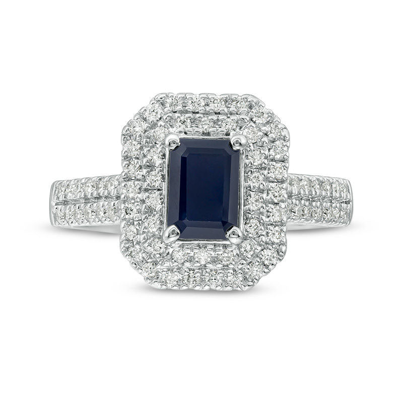 Emerald-Cut Blue Sapphire and 0.50 CT. T.W. Natural Diamond Double Octagonal Frame Engagement Ring in Solid 14K White Gold